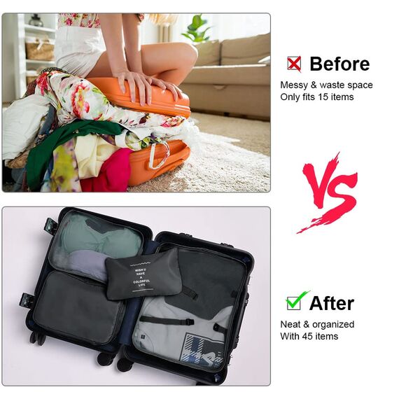 OSDUE Koffer Organizer Set 8-teilig, Packing Cubes, wasserdichte Reise Kleidertaschen, Packtaschen für Koffer, Verpackungswürfel mit Schuhbeutel, USB Kabel Tasche (Schwarz)