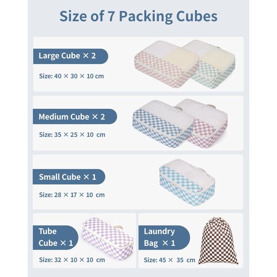 Narwey 7 Teilige Koffer Organizer Set, Packing Cubes Backpack Reise Packwürfel Rucksack Organizer Set Packtaschen für Koffer, Kofferorganizer Reiseorganizer Travel Essentials Bag (Kombiniert Checker)