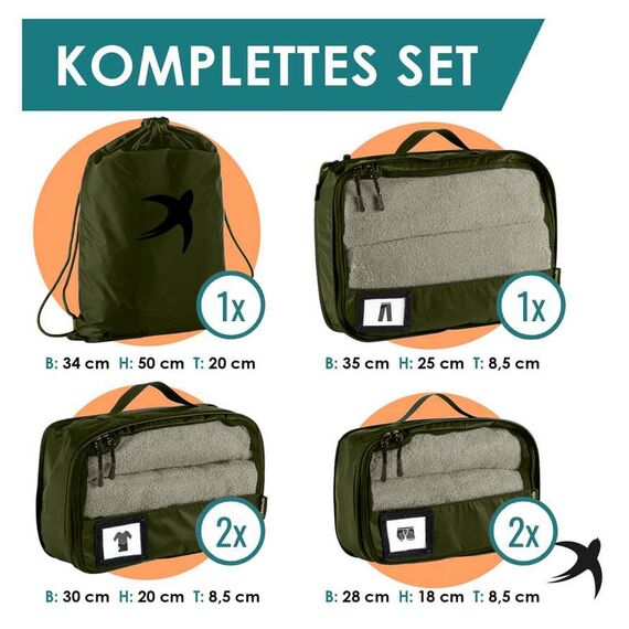SEESCHWALBE Packwürfel Set mit Kompression | Packing Cubes | Packtaschen Set für Rucksack & Koffer | Extra leichte Kleidertaschen (Olivgrün, 6-teiliges Set)