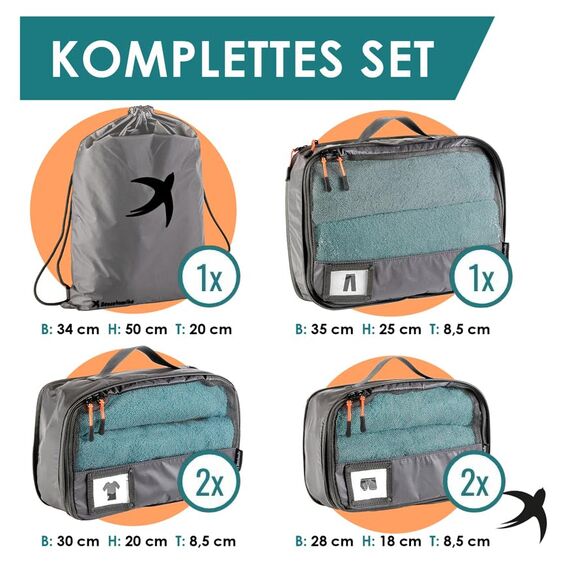 SEESCHWALBE Packwürfel Set mit Kompression | Packing Cubes | Packtaschen & Gepäck Organizer für Rucksack & Reise Koffer | Extra leichte Kleidertaschen als Koffer Organizer (6-teilig, grau)