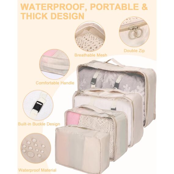10-Teilige Koffer Organizer, Packing Cubes, Koffer Organizer Set, Kofferorganizer Wasserdichte, Packwürfel, mit Packtaschen, Kleidertaschen, Kosmetiktasche, Schuhbeutel, Organizer Koffer (Beige)