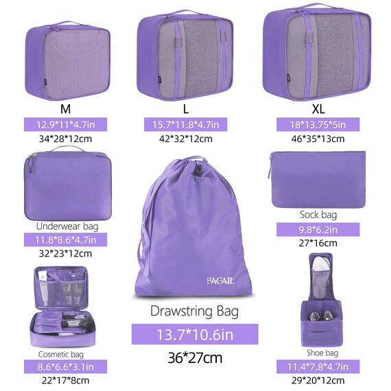 BAGAIL 8 Teilige Packwürfel, Kleidertaschen, Packing Cubes, Verpackungswürfel, Packtaschen Set für Urlaub und Reisen, Kofferorganizer Reise Würfel, Ordnungssystem für Koffer