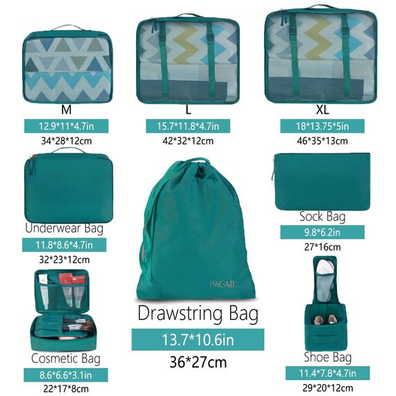 BAGAIL 8 Teilige Packwürfel, Kleidertaschen, Packing Cubes, Verpackungswürfel, Packtaschen Set für Urlaub und Reisen, Kofferorganizer Reise Würfel, Ordnungssystem für Koffer