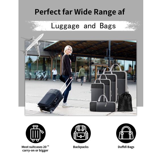 NMNGB 6 Stück Kompression Packwürfel für Koffer Essential Tasche mit Mesh Erweiterbar Reise Organizer Reißverschluss Multifunktions Organizer Schwarz