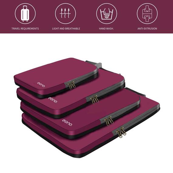 Eono by Amazon - Komprimierbaren Packwürfeln zur Organisation Ihres Reisegepäcks, Compression Packing Cube, Packtaschen Set & Gepäck Organizer für Rucksack & Koffer, Burgund, 3-teilig