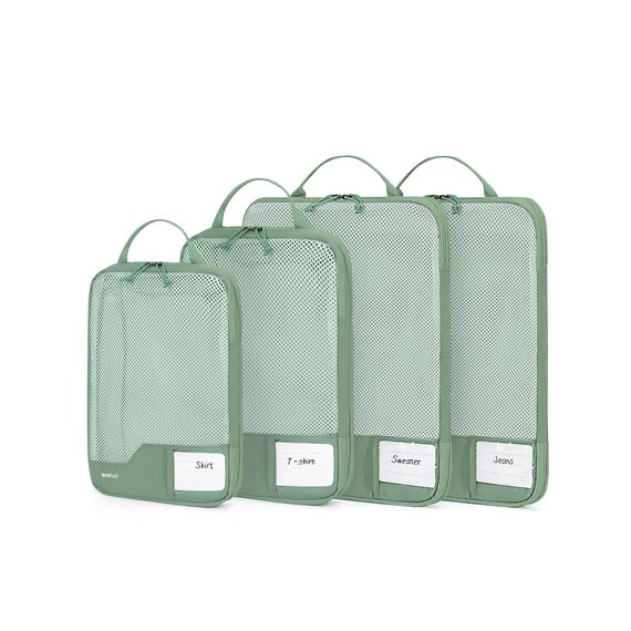 ECOHUB 4-Teilige Kompression Koffer Organizer, Packing Cubes mit Tag, Recycelten Packwürfel Set für Rucksack & Koffer, Maschenverstärkung Packtaschen für Koffer, Reise Organizer, Patent Anhängig(Grün)