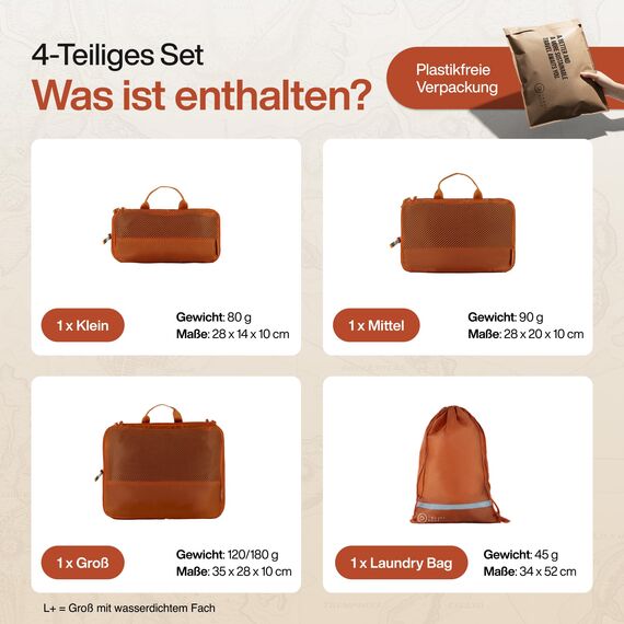 TRAVEL DUDE Packwürfel Set mit Kompression aus recycelten Plastikflaschen, Leichte Packing Cubes, Packtaschen Set für Rucksack und als Koffer Organizer, Zubehör (Burnt Orange, 4-teiliges Set)