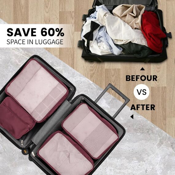 Große Koffer Organizer Set 12-teilig, Wasserdichte Packwürfel, Travel Organizer zum Gepäckpacken, Familienreisen, Aufbewahrung zu Hause Weinrot