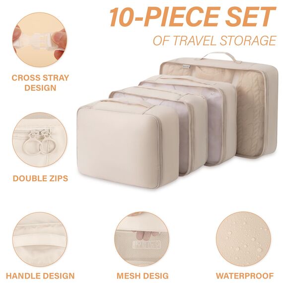 Koffer Organizer Set,10 Stück Packing Cubes, Packwürfel, Reise Gadgets, Kleidertaschen, Schuhbeutel und Kosmetik-Organizer für Koffer und Reise Gadgets (Beige)
