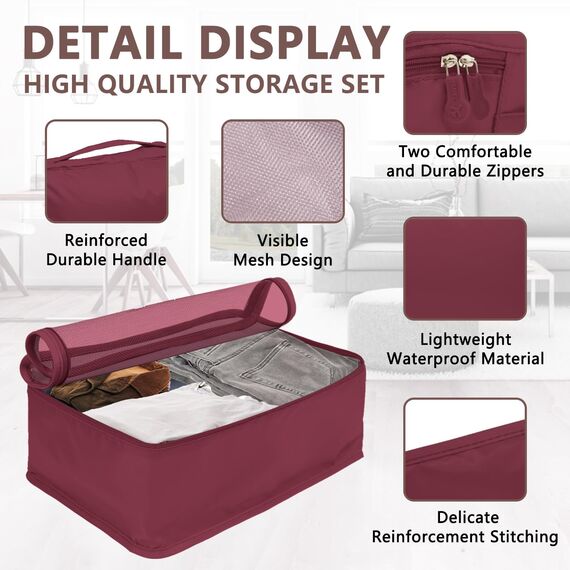 Große Koffer Organizer Set 12-teilig, Wasserdichte Packwürfel, Travel Organizer zum Gepäckpacken, Familienreisen, Aufbewahrung zu Hause Weinrot