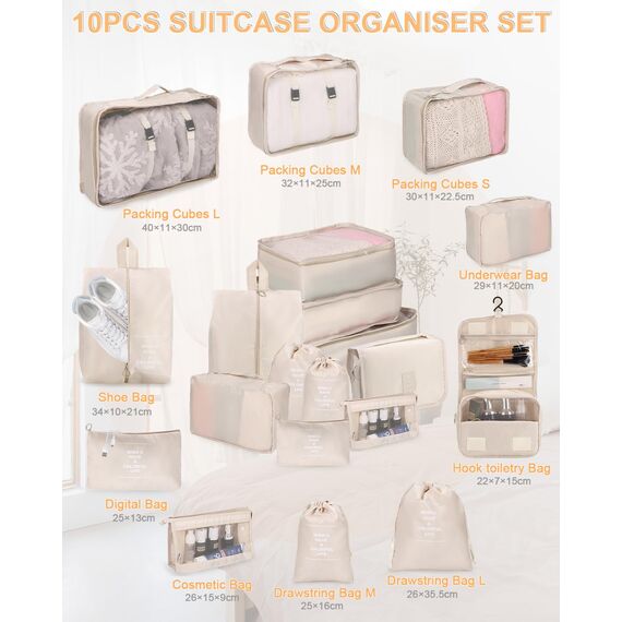 10-Teilige Koffer Organizer, Packing Cubes, Koffer Organizer Set, Kofferorganizer Wasserdichte, Packwürfel, mit Packtaschen, Kleidertaschen, Kosmetiktasche, Schuhbeutel, Organizer Koffer (Beige)