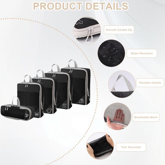 Kixolo 9-teiliges Packing Cubes Compression Set, Koffer Organizer, Packwürfel, Wasserdicht, für Handgepäck, Koffer und Rucksack (Schwarz)