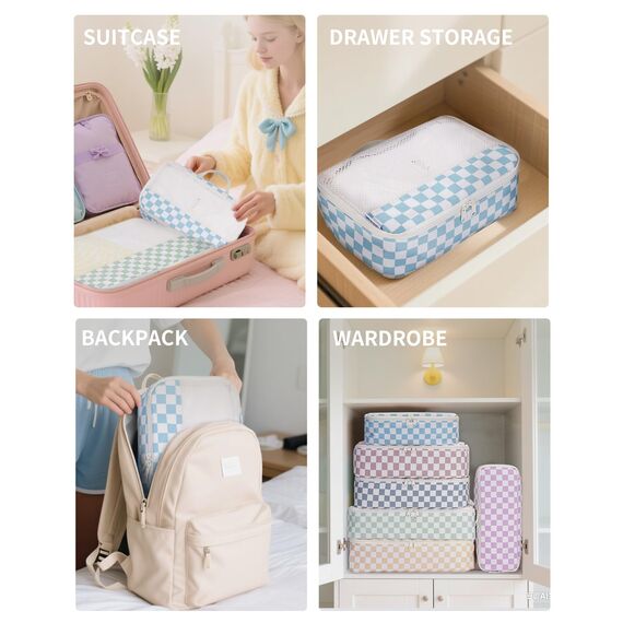 Narwey 7 Teilige Koffer Organizer Set, Packing Cubes Backpack Reise Packwürfel Rucksack Organizer Set Packtaschen für Koffer, Kofferorganizer Reiseorganizer Travel Essentials Bag (Kombiniert Checker)