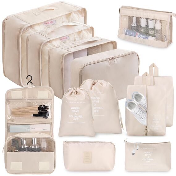 12-Teilige Koffer Organizer, Packing Cubes, Koffer Organizer Set, Kofferorganizer Wasserdichte, Packwürfel, mit Packtaschen, Kleidertaschen, Kosmetiktasche, Schuhbeutel, Organizer Koffer (Beige)