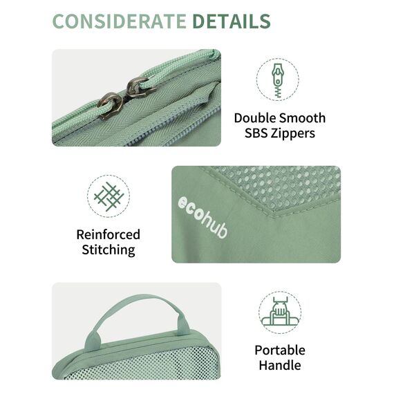 ECOHUB 4-Teilige Kompression Koffer Organizer, Packing Cubes mit Tag, Recycelten Packwürfel Set für Rucksack & Koffer, Maschenverstärkung Packtaschen für Koffer, Reise Organizer, Patent Anhängig(Grün)