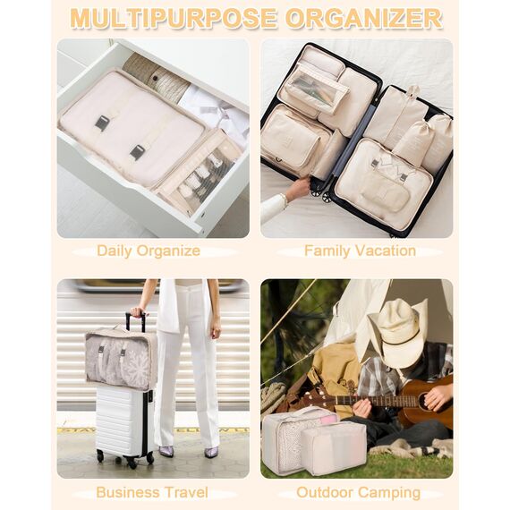 10-Teilige Koffer Organizer, Packing Cubes, Koffer Organizer Set, Kofferorganizer Wasserdichte, Packwürfel, mit Packtaschen, Kleidertaschen, Kosmetiktasche, Schuhbeutel, Organizer Koffer (Beige)