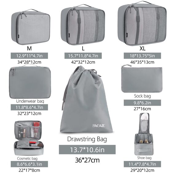 BAGAIL 8 Teilige Packwürfel, Kleidertaschen, Packing Cubes, Verpackungswürfel, Packtaschen Set für Urlaub und Reisen, Kofferorganizer Reise Würfel, Ordnungssystem für Koffer