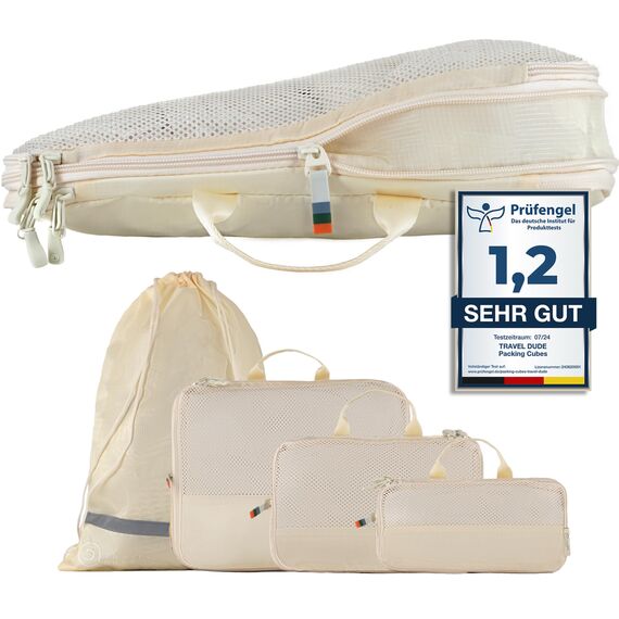 TRAVEL DUDE Packwürfel Set mit Kompression aus recycelten Plastikflaschen, Leichte Packing Cubes, Packtaschen Set für Rucksack und als Koffer Organizer, Zubehör (Sand Beige, 4-teiliges Set)