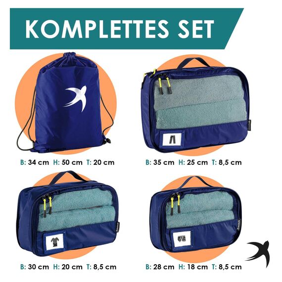 SEESCHWALBE Packing Cubes Compression für Koffer und Rucksack mit Packbeutel | mehr Platz im Koffer oder Backpack durch Kompression | Packwürfel Rucksack für deine Wander Ausrüstung (4-teilig, blau)