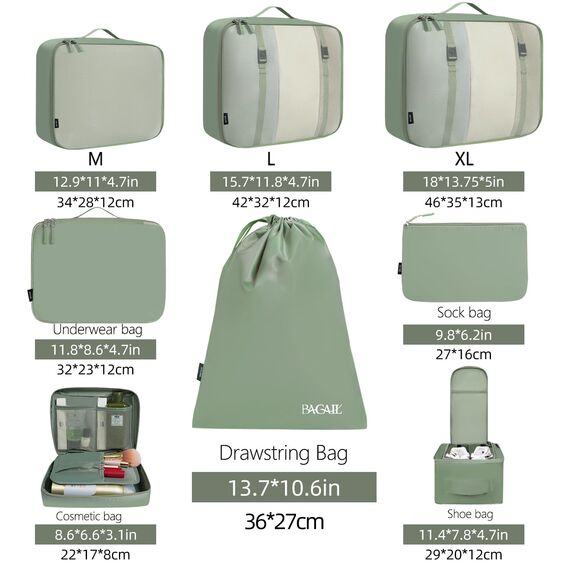 BAGAIL 8 Teilige Packwürfel, Kleidertaschen, Packing Cubes, Verpackungswürfel, Packtaschen Set für Urlaub und Reisen, Kofferorganizer Reise Würfel, Ordnungssystem für Koffer