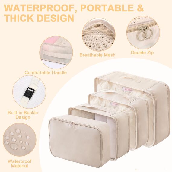 12-Teilige Koffer Organizer, Packing Cubes, Koffer Organizer Set, Kofferorganizer Wasserdichte, Packwürfel, mit Packtaschen, Kleidertaschen, Kosmetiktasche, Schuhbeutel, Organizer Koffer (Beige)