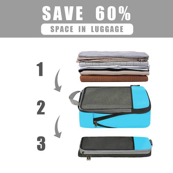 Amazon Marke: Eono Essentials Komprimierbaren Packwürfeln zur Organisation Ihres Reisegepäcks, Compression Packing Cube, Packtaschen Set & Gepäck Organizer für Rucksack & Koffer, Blau, 6-teilig