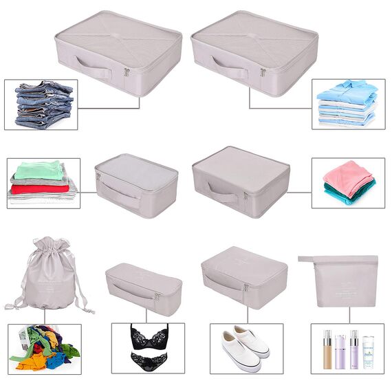 Koffer Organizer Reise Kleidertaschen 8 Sets/7 Farben Travel Gep?ck Organisatoren enthalten wasserdichte Schuh-Aufbewahrungsbeutel Bequeme Kompressions Beutel für Reisen ,Grau