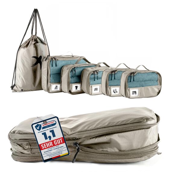 SEESCHWALBE Packing Cubes Compression | Packwürfel kompression als ultraleichte Rucksack Organizer oder Koffer Organizer | Ideale Packtaschen für dein Reise- und Camping Zubehör (6-teilig, beige)