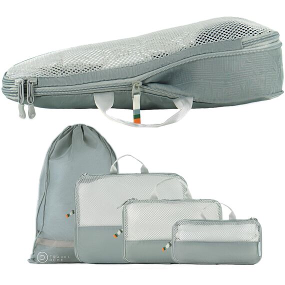 TRAVEL DUDE Packwürfel Set mit Kompression aus recycelten Plastikflaschen, Leichte Packing Cubes, Packtaschen Set für Rucksack und als Koffer Organizer, Zubehör (Stahlblau, 4-teiliges Set)