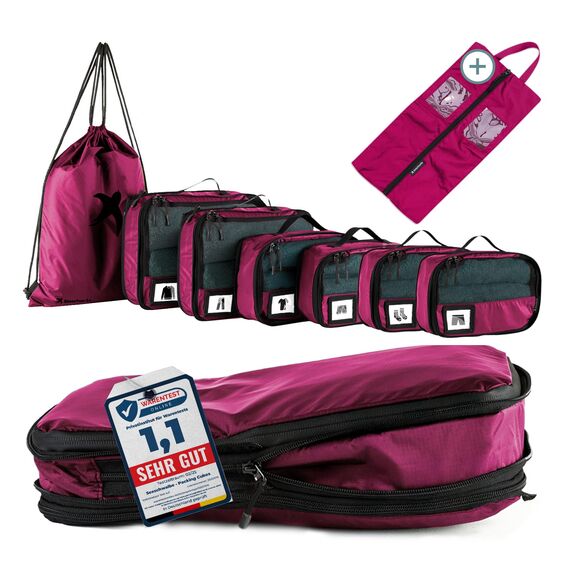 Packwürfel für Koffer, 8 Stück, Reise-Organizer, Packtaschen, Reisezubehör, inkl. Schuhtasche für Reisen, Aufbewahrungstasche, Gepäck-Organizer für die Reisetasche (himbeer)