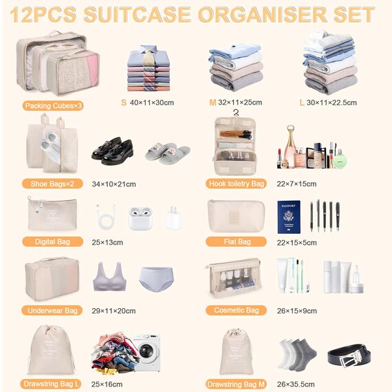 12-Teilige Koffer Organizer, Packing Cubes, Koffer Organizer Set, Kofferorganizer Wasserdichte, Packwürfel, mit Packtaschen, Kleidertaschen, Kosmetiktasche, Schuhbeutel, Organizer Koffer (Beige)