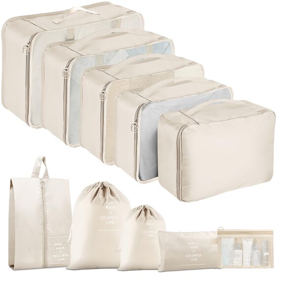 MOFELON Koffer Organizer Set, 10 Stück Packing Cubes, Kofferorganizer Packtaschen Set, Travel Packwürfel mit Kleidertaschen Schuhbeutel, Reise Gadgets-Beige