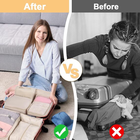 12-Teilige Koffer Organizer, Packing Cubes, Koffer Organizer Set, Kofferorganizer Wasserdichte, Packwürfel, mit Packtaschen, Kleidertaschen, Kosmetiktasche, Schuhbeutel, Organizer Koffer (Beige)