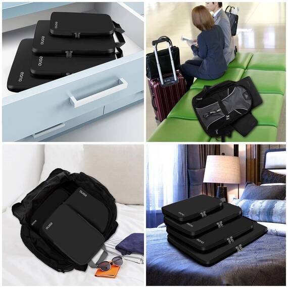 Eono by Amazon - Komprimierbaren Packwürfeln zur Organisation Ihres Reisegepäcks, Compression Packing Cube, Packtaschen Set & Gepäck Organizer für Rucksack & Koffer, Schwarz, 4-teilig