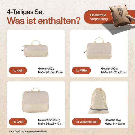 TRAVEL DUDE Packwürfel Set mit Kompression aus recycelten Plastikflaschen, Leichte Packing Cubes, Packtaschen Set für Rucksack und als Koffer Organizer, Zubehör (Sand Beige, 4-teiliges Set)