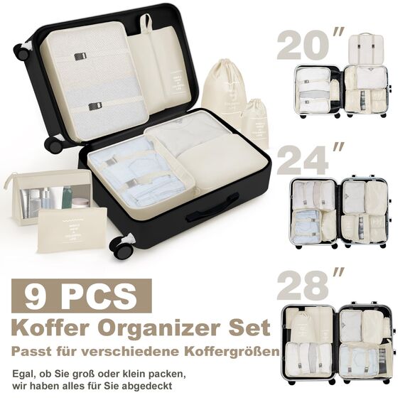 OBSGUMU Koffer Organizer Set, 9 Pcs Packing Cubes für Reise, Packtaschen für Koffer Reise Kleidertaschen, Verpackungswürfel Mit Kosmetiktasche, Travel Organizer(Beige)