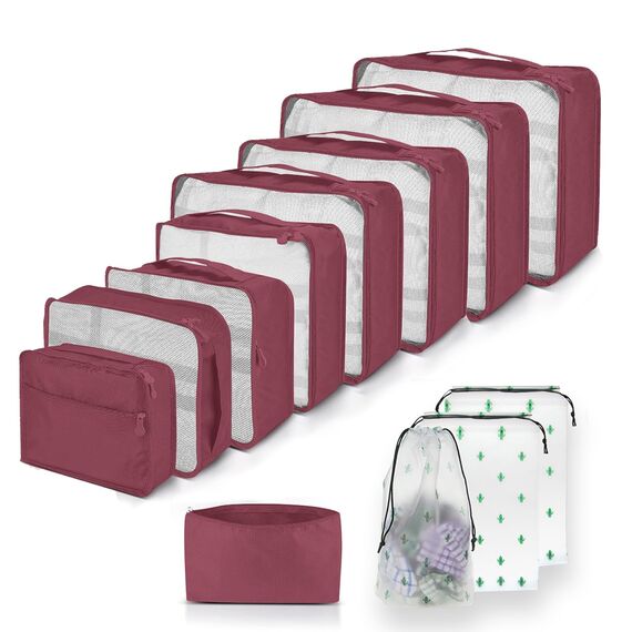Große Koffer Organizer Set 12-teilig, Wasserdichte Packwürfel, Travel Organizer zum Gepäckpacken, Familienreisen, Aufbewahrung zu Hause Weinrot