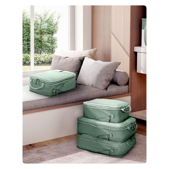 ECOHUB 4-Teilige Kompression Koffer Organizer, Packing Cubes mit Tag, Recycelten Packwürfel Set für Rucksack & Koffer, Maschenverstärkung Packtaschen für Koffer, Reise Organizer, Patent Anhängig(Grün)