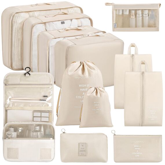 Chijoo 12 teiliges Koffer Organizer Set (Beige) – Packing Cubes Set, Packwürfel, Reise Gadget