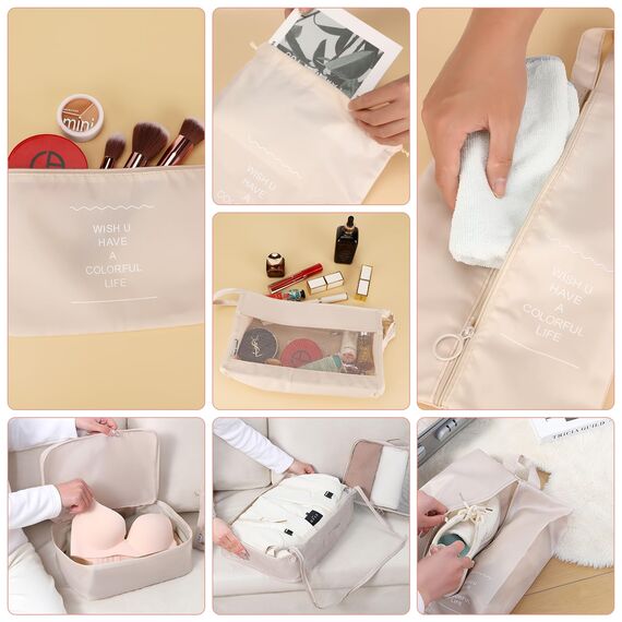 Koffer Organizer Set,10 Stück Packing Cubes, Packwürfel, Reise Gadgets, Kleidertaschen, Schuhbeutel und Kosmetik-Organizer für Koffer und Reise Gadgets (Beige)