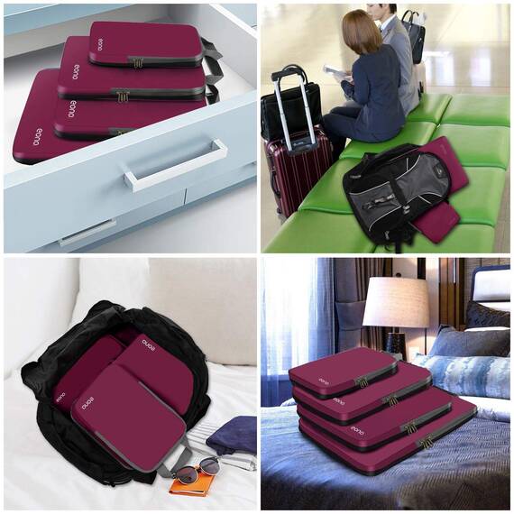 Eono by Amazon - Komprimierbaren Packwürfeln zur Organisation Ihres Reisegepäcks, Compression Packing Cube, Packtaschen Set & Gepäck Organizer für Rucksack & Koffer, Burgund, 3-teilig