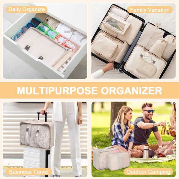 12-Teilige Koffer Organizer, Packing Cubes, Koffer Organizer Set, Kofferorganizer Wasserdichte, Packwürfel, mit Packtaschen, Kleidertaschen, Kosmetiktasche, Schuhbeutel, Organizer Koffer (Beige)