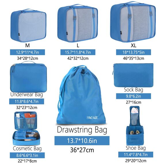 BAGAIL 8 Teilige Packwürfel, Kleidertaschen, Packing Cubes, Verpackungswürfel, Packtaschen Set für Urlaub und Reisen, Kofferorganizer Reise Würfel, Ordnungssystem für Koffer