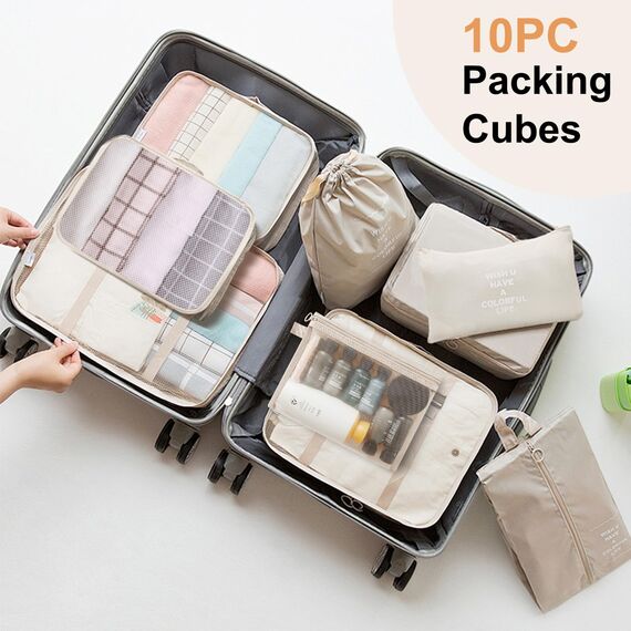 MOFELON Koffer Organizer Set, 10 Stück Packing Cubes, Kofferorganizer Packtaschen Set, Travel Packwürfel mit Kleidertaschen Schuhbeutel, Reise Gadgets-Beige