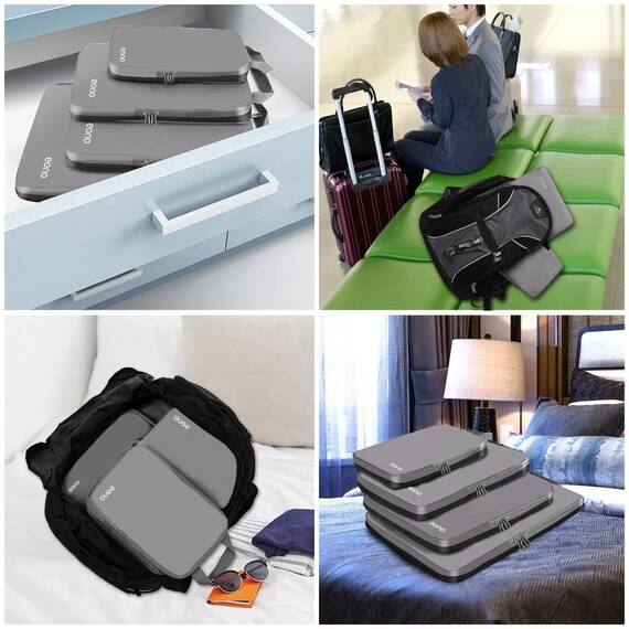 Eono by Amazon - Komprimierbaren Packwürfeln zur Organisation Ihres Reisegepäcks, Compression Packing Cube, Packtaschen Set & Gepäck Organizer für Rucksack & Koffer, Grau, 4-teilig