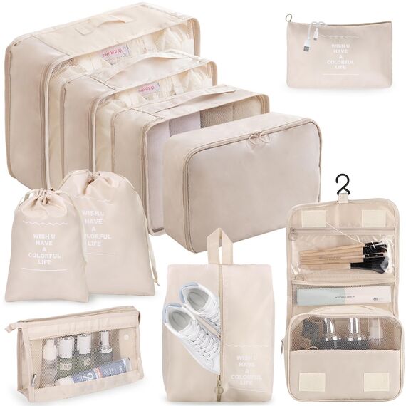 10-Teilige Koffer Organizer, Packing Cubes, Koffer Organizer Set, Kofferorganizer Wasserdichte, Packwürfel, mit Packtaschen, Kleidertaschen, Kosmetiktasche, Schuhbeutel, Organizer Koffer (Beige)
