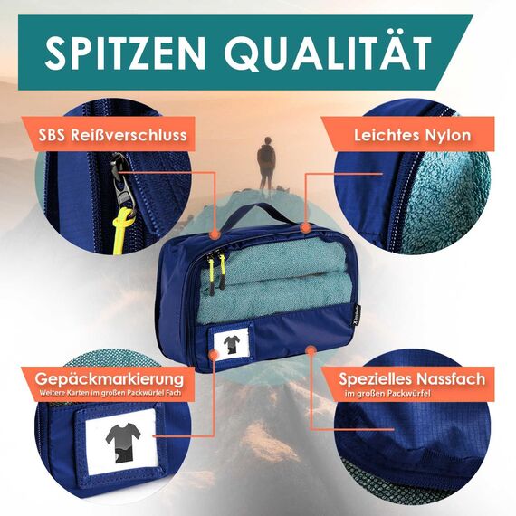 SEESCHWALBE Packing Cubes Compression für Koffer und Rucksack mit Packbeutel | mehr Platz im Koffer oder Backpack durch Kompression | Packwürfel Rucksack für deine Wander Ausrüstung (4-teilig, blau)