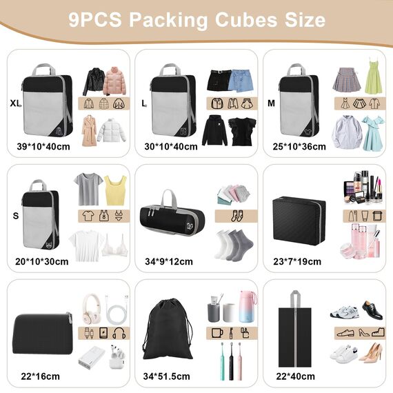 Kixolo 9-teiliges Packing Cubes Compression Set, Koffer Organizer, Packwürfel, Wasserdicht, für Handgepäck, Koffer und Rucksack (Schwarz)