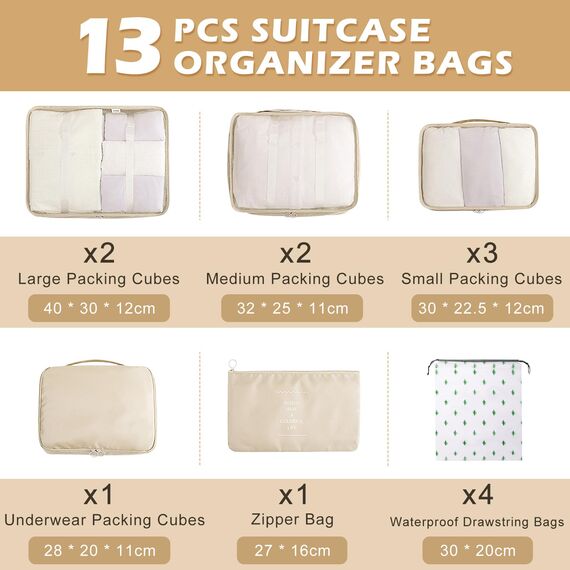 Gemtte Koffer Organizer Set 13-teilig, Wasserdicht Packing Cubes, Multifunktionale Travel Packwürfel, Kofferorganizer Packtaschen für Koffer, Reise Organizer Set Mit Kleidertaschen (Beige)