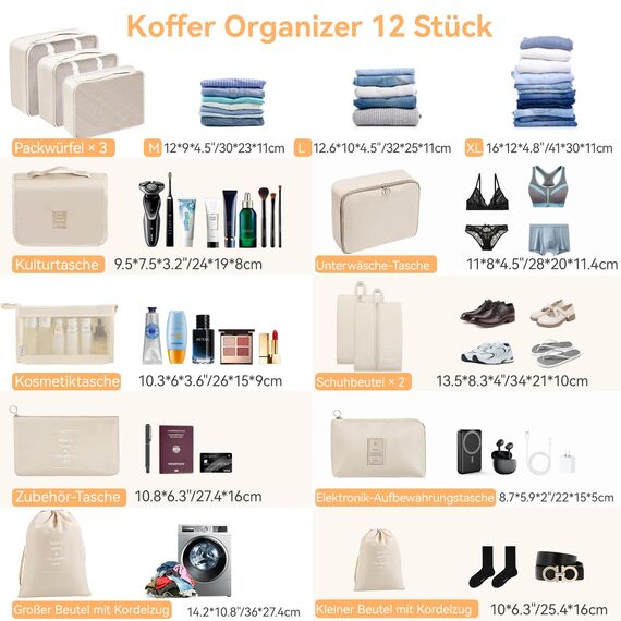 Chijoo 12 teiliges Koffer Organizer Set (Beige) – Packing Cubes Set, Packwürfel, Reise Gadget